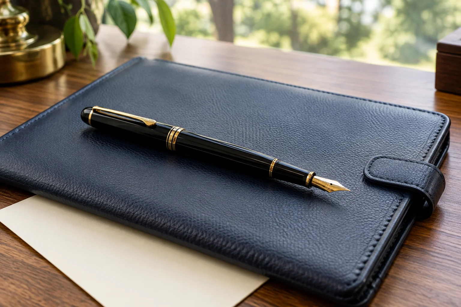 Gold fountain pen resting on a navy document folio